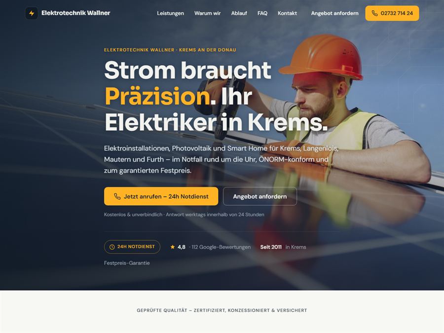 Designstudie: dunkle, technische Website für einen Elektrotechnik-Betrieb mit 24-Stunden-Notdienst