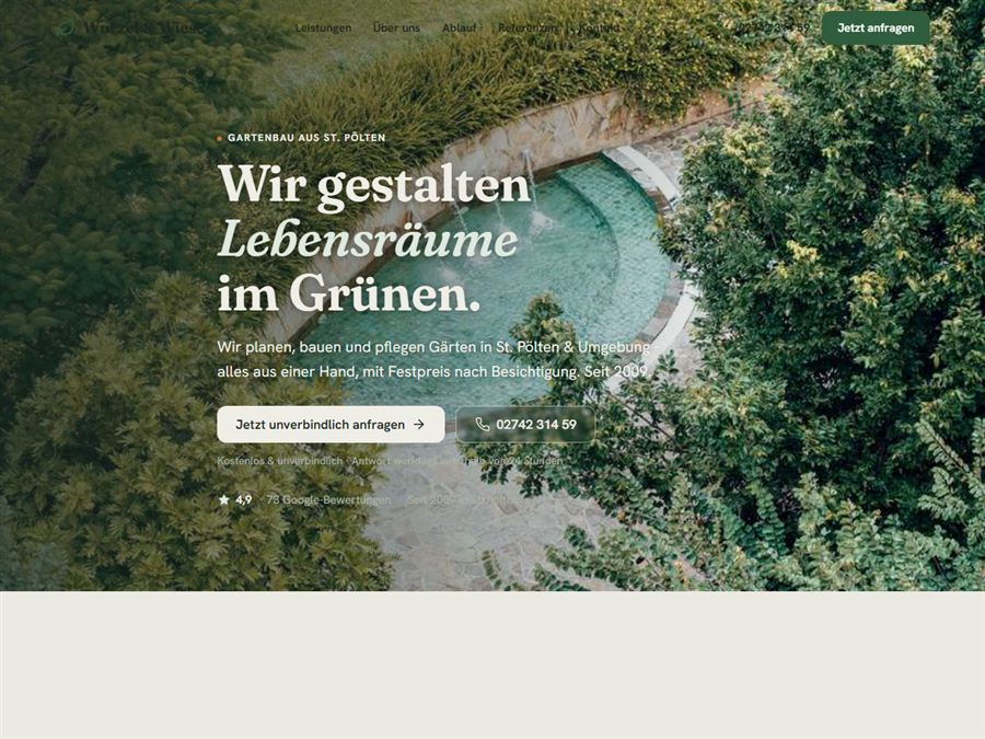 Designstudie: helle, naturnahe Website für einen Gartenbau-Betrieb mit großem Foto-Hero