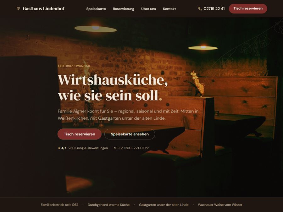 Designstudie: abendwarme Website für ein Wirtshaus mit typografischer Speisekarte